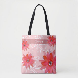 Whimsique Red Flowers Swirly Lövs Add Namn Rosa Tygkasse
