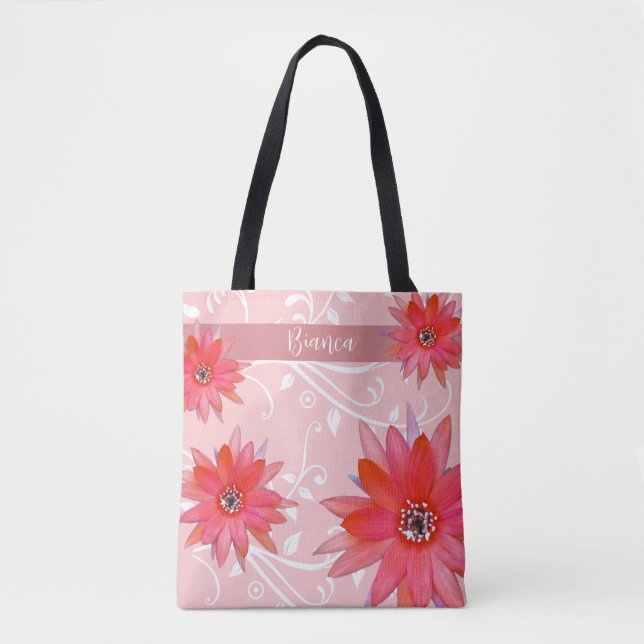 Whimsique Red Flowers Swirly Lövs Add Namn Rosa Tygkasse (Framsida)