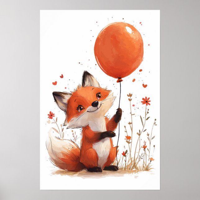 Whimsique Red Fox med Orange Balloon Poster (Framsidan)