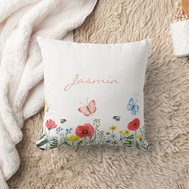 Whimsique Red Grönt Wildblommor Butterflies Namn Kudde (Filt)