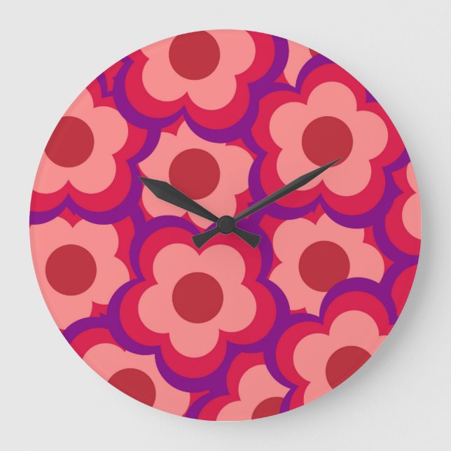 Whimsique Red & Rosa Blommigt Retro, fet Preppy Stor Klocka (Framsida)