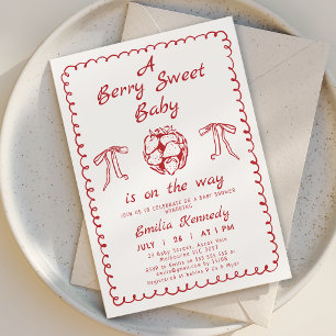 Whimsique Red Strawberry Berry Sweet Baby Shower Inbjudningar