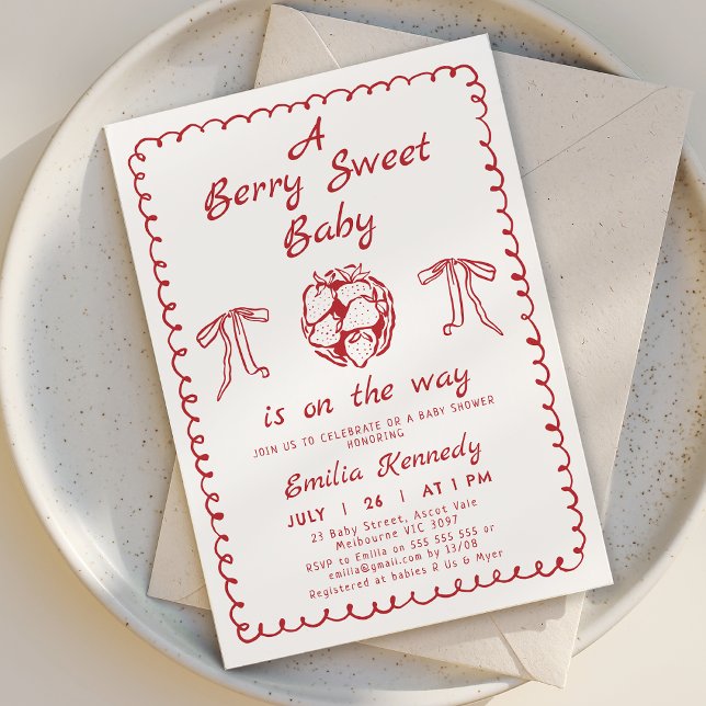 Whimsique Red Strawberry Berry Sweet Baby Shower Inbjudningar (Hand Drawn Berry Baby Shower Invitation Template Red, Whimsical Strawberry Baby Shower Invitation )