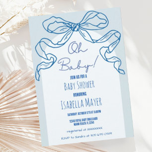 Whimsique Retro Blue Hand plockade Bow Baby Shower Inbjudningar