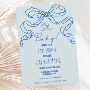 Whimsique Retro Blue Hand plockade Bow Oh Baby Sho Inbjudningar