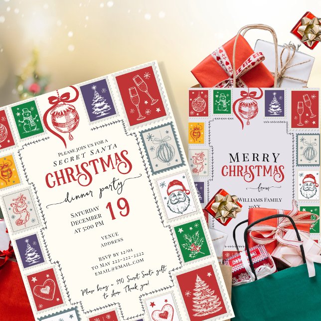Whimsique Retro Frimärke jul Doodles Inbjudningar (Whimsical Retro Stamps Christmas Doodles Holiday Cocktail parties, Secret Santa, White Elephant)