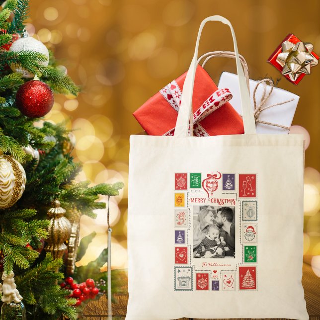 Whimsique Retro Frimärke jul Photo Gift Tygkasse (Whimsical Retro Stamp Christmas Photo Holiday Season Stocking Stuffer Gift Tote Bag)