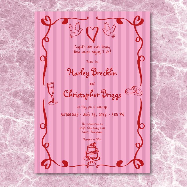 Whimsique Retro Hand plockade Rand Rosa Red Bröllo Inbjudningar (Whimsical Retro Hand Drawn Stripe Pink Red Wedding Invitation)