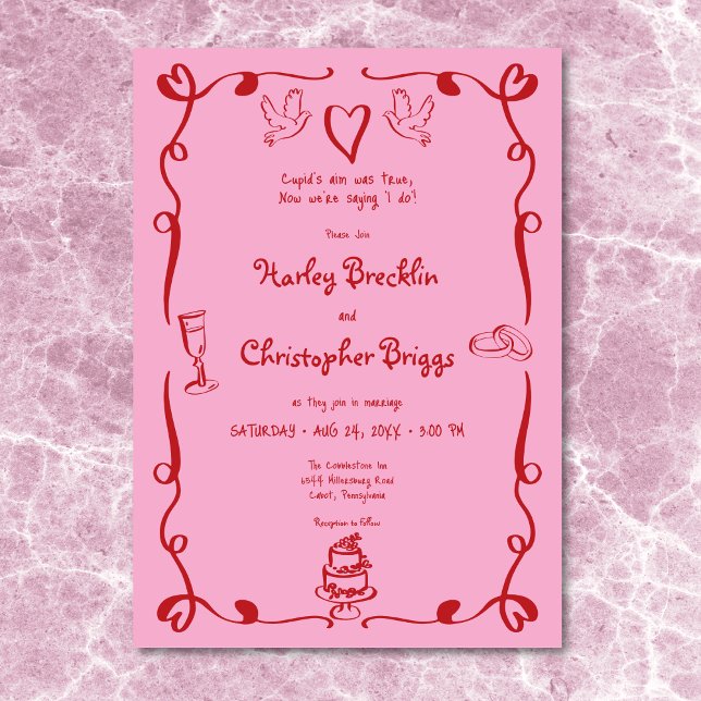 Whimsique Retro Hand plockade Rosa Red Bröllop Inbjudningar (Whimsical Retro Hand Drawn Pink Red Wedding Invitation)