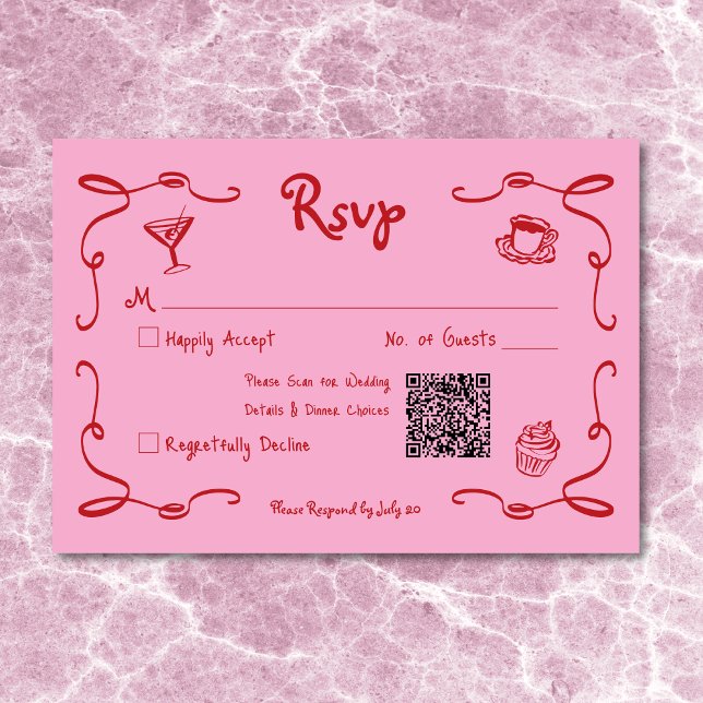 Whimsique Retro Hand plockade Rosa Red Bröllop QR OSA Kort (Whimsical Retro Hand Drawn Pink Red Wedding QR RSVP Card)