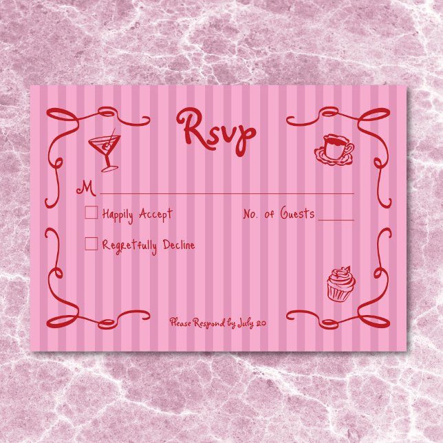 Whimsique Retro Hand plockade Rosa Red Bröllop Ran OSA Kort (Whimsical Retro Hand Drawn Pink Red Wedding Stripe RSVP Card)
