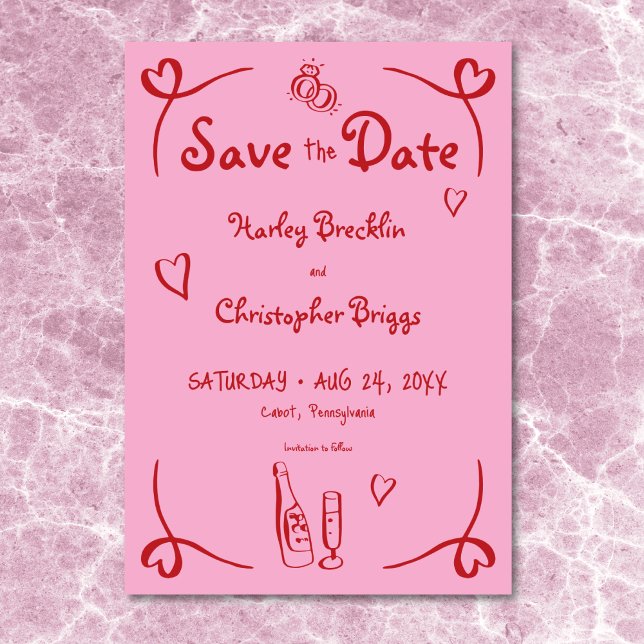 Whimsique Retro Hand plockade Rosa Red Bröllop Spara Datumet (Whimsical Retro Hand Drawn Pink Red Wedding Save The Date)