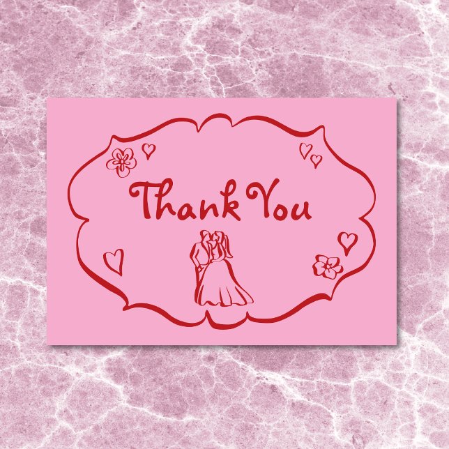 Whimsique Retro Hand plockade Rosa Red Bröllop Tack Kort (Whimsical Retro Hand Drawn Pink Red Wedding Thank You Card)