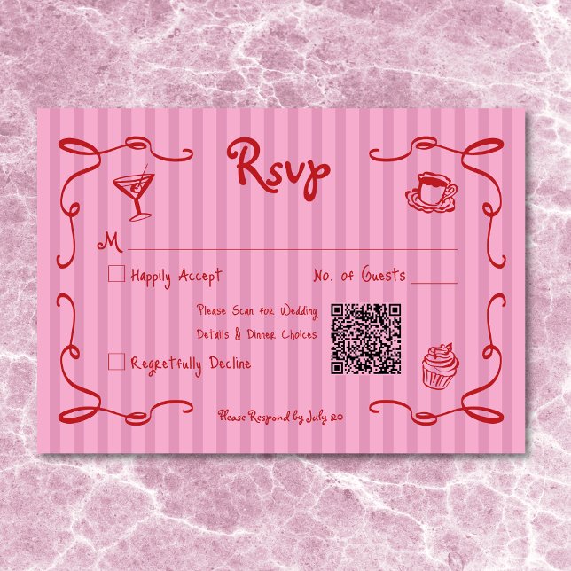 Whimsique Retro Hand plockade Rosa Red Rand Bröllo OSA Kort (Whimsical Retro Hand Drawn Pink Red Stripe Wedding RSVP Card)
