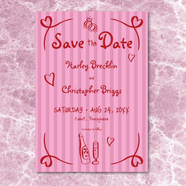Whimsique Retro Hand plockade Rosa Red Rand Bröllo Spara Datumet (Whimsical Retro Hand Drawn Pink Red Stripe Wedding Save The Date)