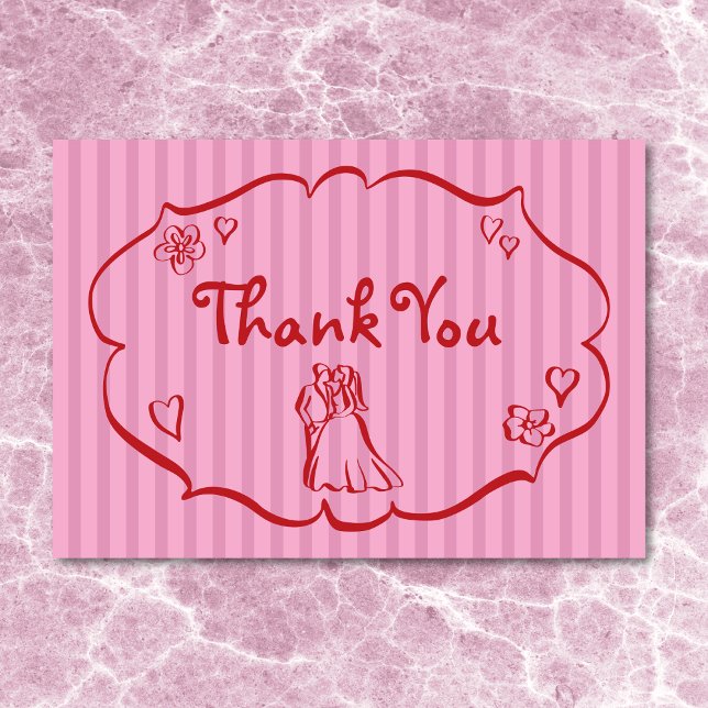 Whimsique Retro Hand plockade Rosa Red Rand Bröllo Tack Kort (Whimsical Retro Hand Drawn Pink Red Stripe Wedding Thank You Card)