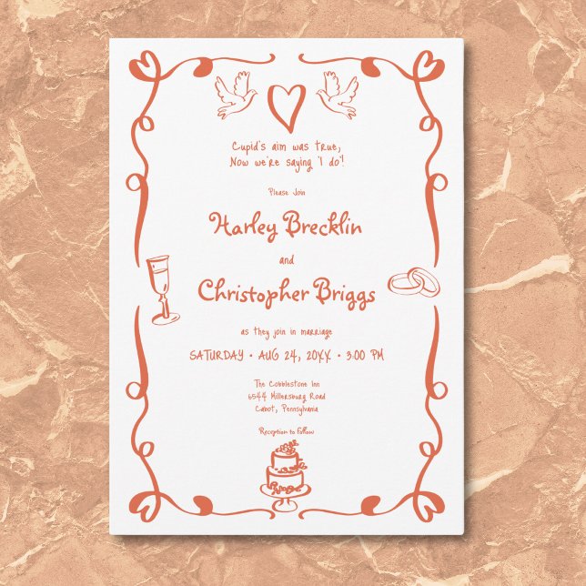 Whimsique Retro Hand plockade Sunset Orange Bröllo Inbjudningar (Whimsical Retro Hand Drawn Sunset Orange Wedding Invitation)