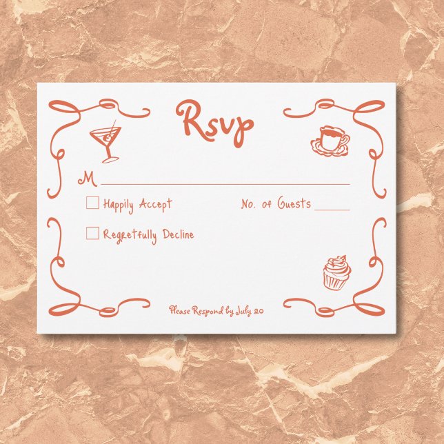 Whimsique Retro Hand plockade Sunset Orange Bröllo OSA Kort (Whimsical Retro Hand Drawn Sunset Orange Wedding RSVP Card)