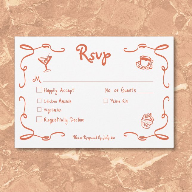 Whimsique Retro Hand plockade Sunset Orange Bröllo OSA Kort (Whimsical Retro Hand Drawn Sunset Orange Wedding RSVP Card)