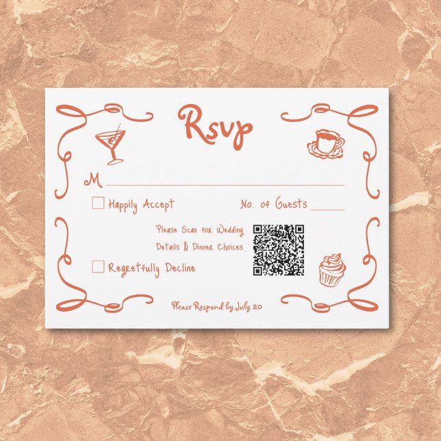 Whimsique Retro Hand plockade Sunset Orange Bröllo OSA Kort (Whimsical Retro Hand Drawn Sunset Orange Wedding RSVP Card)