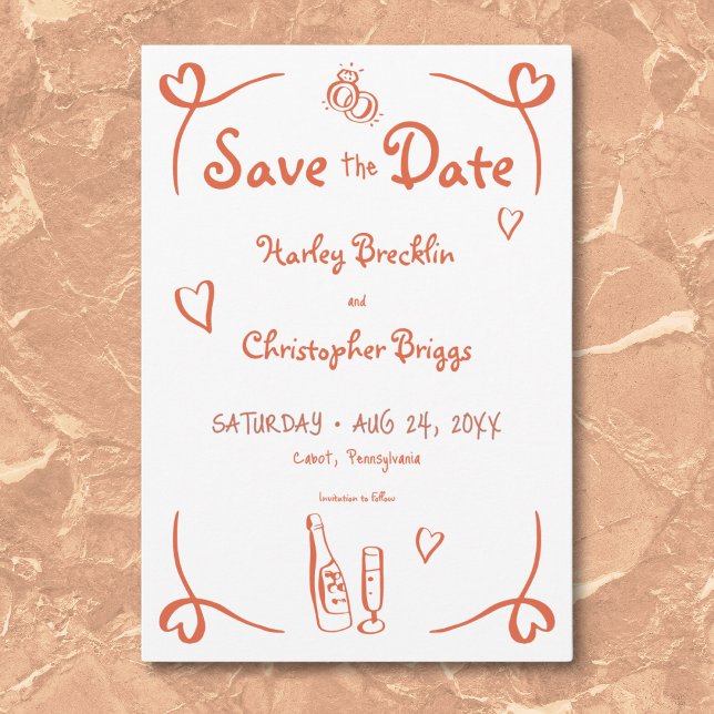 Whimsique Retro Hand plockade Sunset Orange Bröllo Spara Datumet (Whimsical Retro Hand Drawn Sunset Orange Wedding Save The Date)