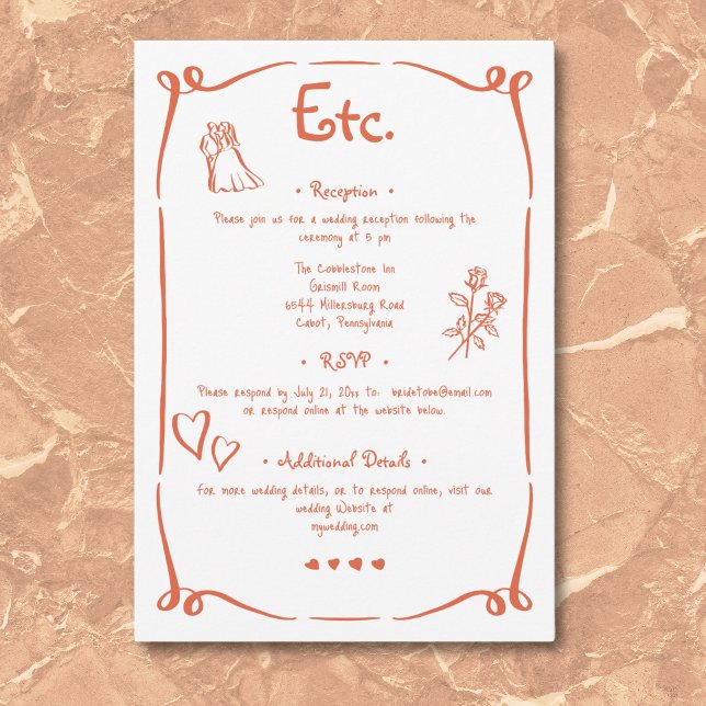 Whimsique Retro Hand plockade Sunset Orange Bröllo Tilläggskort (Whimsical Retro Hand Drawn Sunset Orange Wedding Enclosure Card)