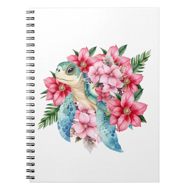 Whimsique Rosa Blommigt Sea Turtle Anteckningsbok (Framsidan)