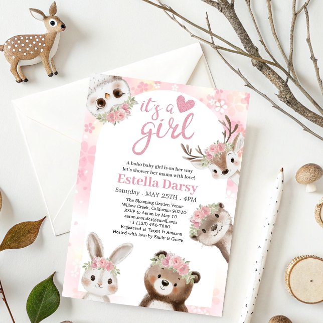 Whimsique Rosa blommigt Woodland Girl Baby Shower Inbjudningar (Skapare uppladdad)