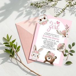 Whimsique Rosa Boho Woodland Girl Baby Shower Inbjudningar