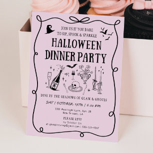 Whimsique Rosa Boos & Bows Halloween Middag Party Inbjudningar