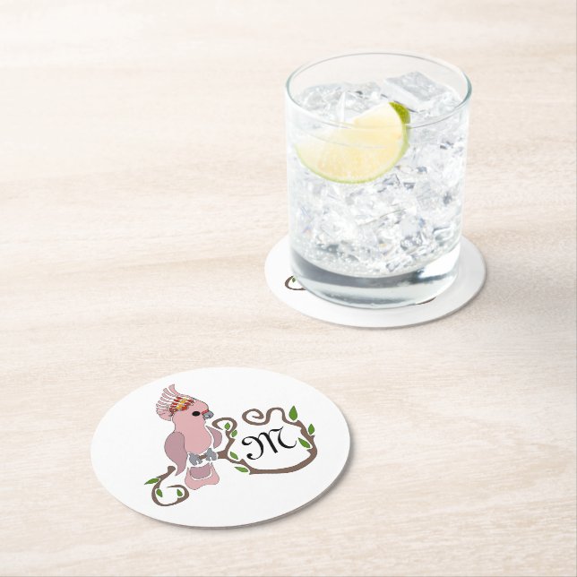 Whimsique Rosa Cockatoo Monogram Underlägg Papper Rund (Insitu)