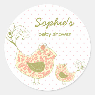 Whimsique Rosa Damask Mamma Bird Girl Baby Shower Runt Klistermärke