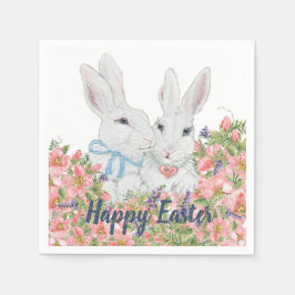 Whimsique Rosa Flowers White Bunny Rabbits Påsk Pappersservett