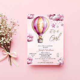 Whimsique Rosa Luftballong Girl Baby Shower Inbjudningar