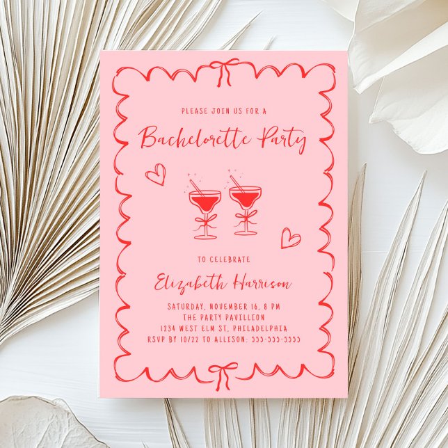 Whimsique Rosa Red Vågigt Ram Bachelorette Party Inbjudningar (Cute bachelorette party invitation featuring whimsical hand drawn margaritas, hearts + coquette bows)
