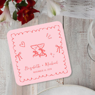 Whimsique Rosa Red Vågigt Ram Bröllop Underlägg Papper Kvadrat