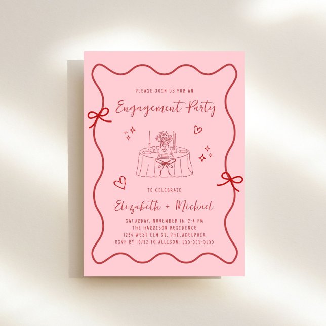 Whimsique Rosa Red Vågigt Ram Förlovningsfest Inbjudningar (Whimsical pink + red engagement party invitation to set the tone for an unforgettable event)