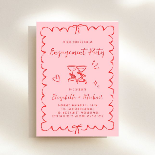 Whimsique Rosa Red Vågigt Ram Förlovningsfest Inbjudningar (Whimsical pink + red engagement party invitation to set the tone for an unforgettable event)