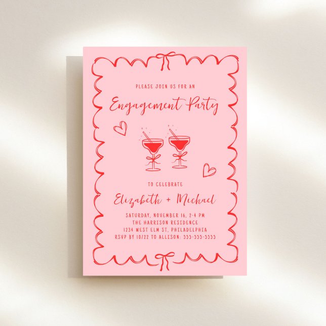 Whimsique Rosa Red Vågigt Ram Förlovningsfest Inbjudningar (Whimsical pink + red engagement party invitation to set the tone for an unforgettable event)