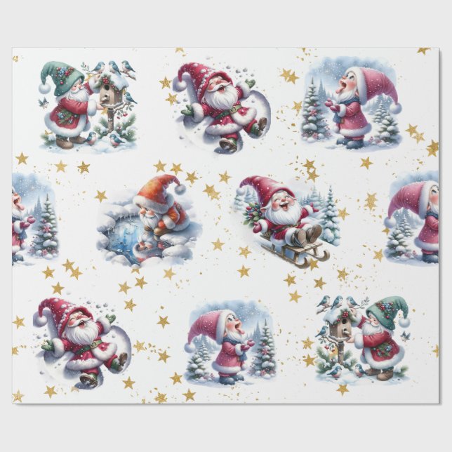 Whimsique Santa Gnomes & Guld Stars Presentpapper (Platt)
