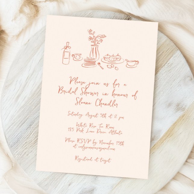Whimsique Scribble Doodle Hand plockade Möhippa Inbjudningar (whimsical food and drink doodles bridal shower invitation in light peach)