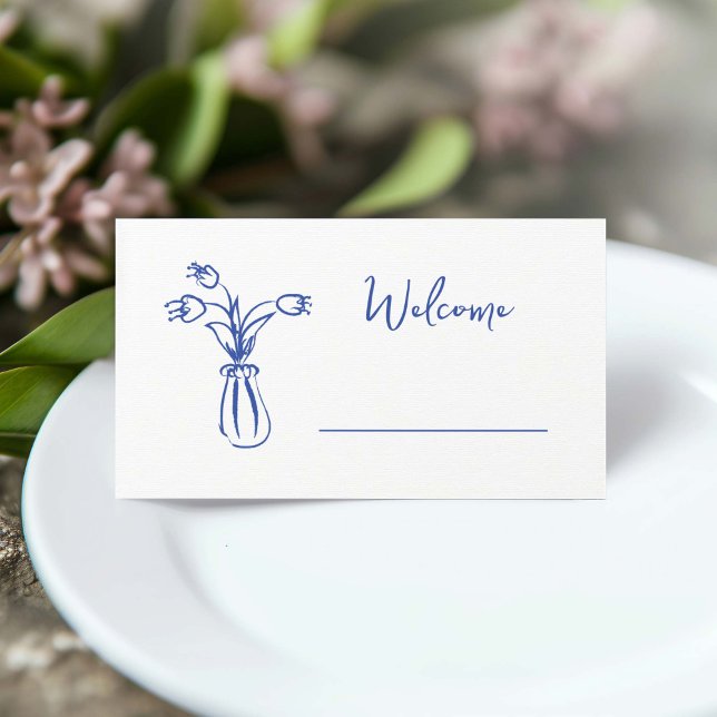 Whimsique Scribble Doodle Hand plockade Möhippa Placeringskort (whimsical doodle blue flower vase welcome place card for bridal shower)