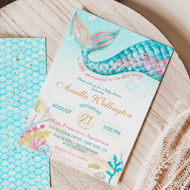 Whimsique Sjöjungfru Girl Baby Shower Teal Rosa Gu Inbjudningar (Whimsical Mermaid Girl Baby Shower)