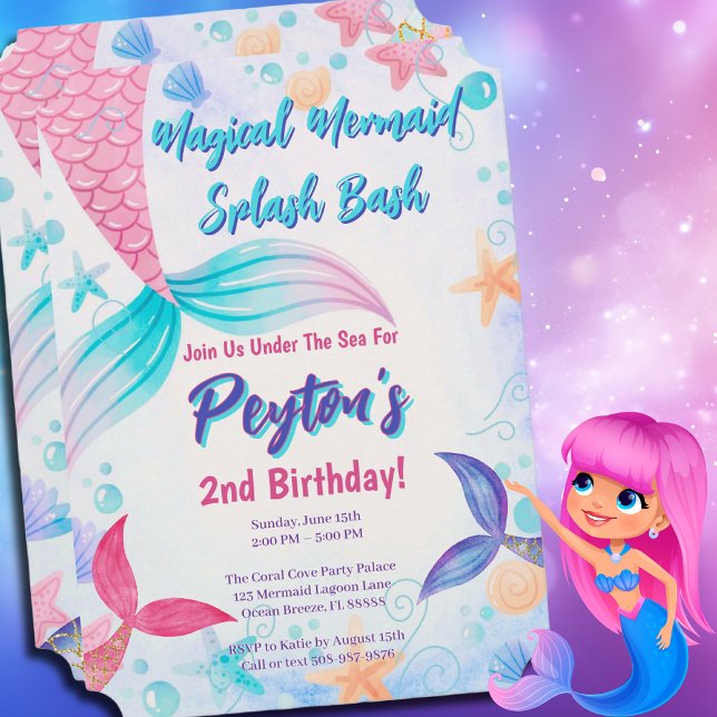 Whimsique Sjöjungfru Svan Birthday Pastel Inbjudningar (Magical Mermaid Birthday Party Invitation)
