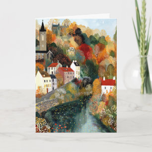 Whimsique Small Town Autumn Scene Hej Hälsning Kort