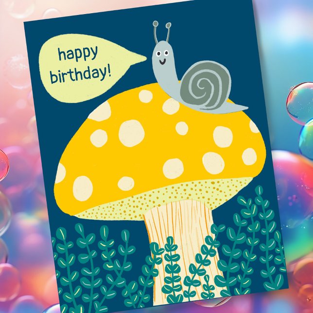 Whimsique Snigel på Magic Mushroom ANPASSNINGSBAR  Vykort (Cute snail sitting on a mushroom wishes you happy birthday, custom postcard add your own text!)