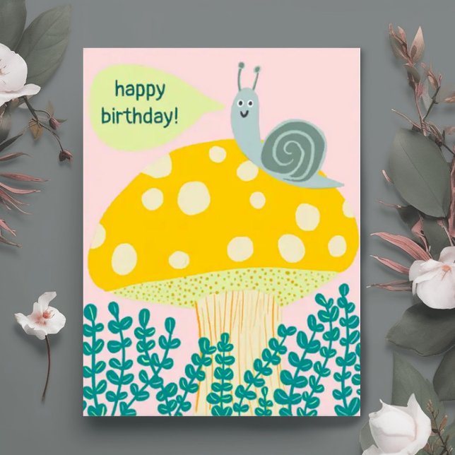Whimsique Snigel på Magic Mushroom ANPASSNINGSBAR  Vykort (Happy birthday postcard- cute snail on a mushroom pink and green)