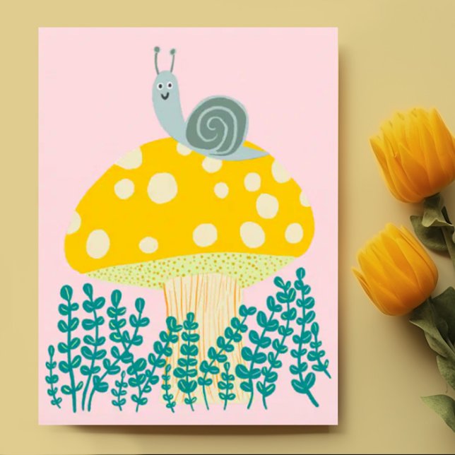 Whimsique Snigel på Magic Mushroom Cute Vykort (Cute snail on fun mushroom custom postcard design)