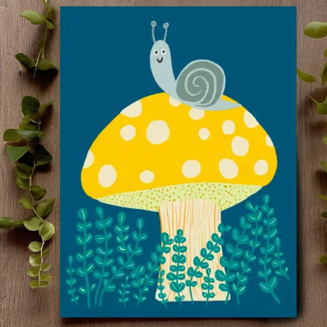 Whimsique Snigel på Magic Mushroom Cute Vykort (Cute snail on top of a mushroom, colorful drawing, Customize with your own text on the front or back)