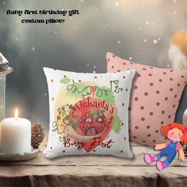 Whimsique Snigel & Strawberry 1:a födelsedag Kudde (Whimsical Snail & Strawberry 1st birthday Throw Pillow)